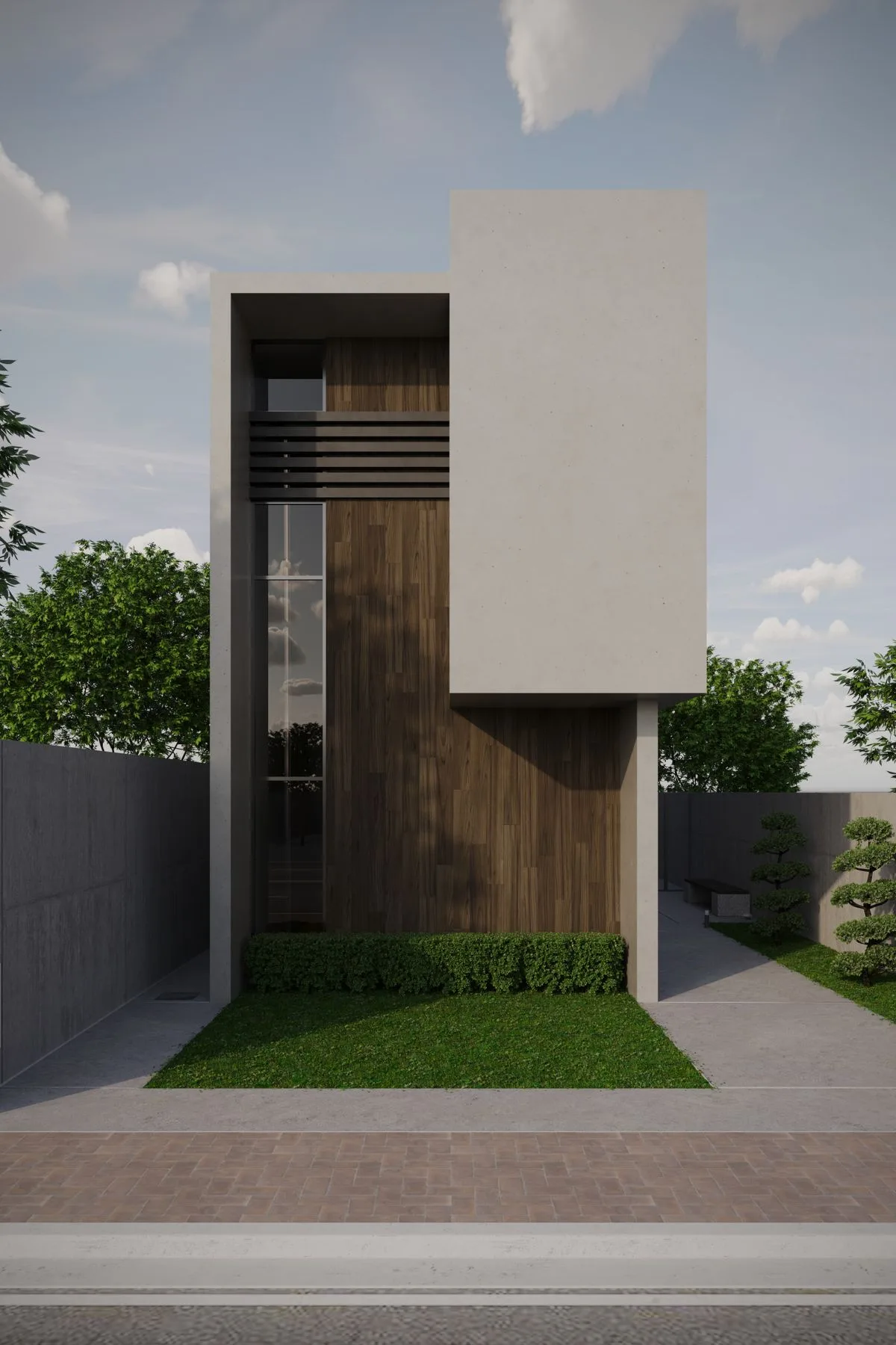 Casa moderna minimalista con paneles de madera y jardín en zona residencial